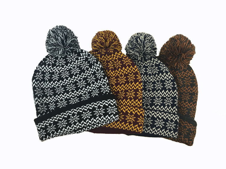 Unisex Knitted Jacquard Snow Printing POM POM Winter Warm Hat Beanie (HW152)