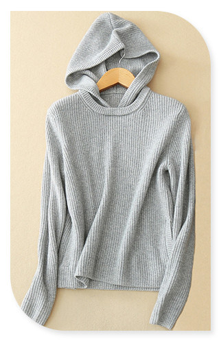 Lady's Pure Cashmere Hooded Sweater Pullover with Crew Neck Long Sleeves Sweater for Autumn/Winter