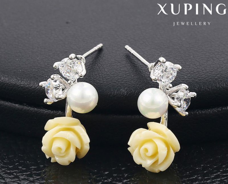 92025 Xuping Fashion Flower Rhodium CZ Diamond Imitation Jewelry Glass Earring with Pearl