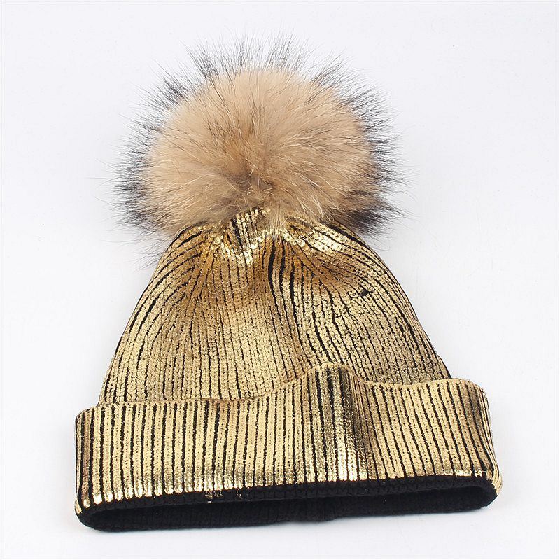 Gold Silver Purple Metallic Acrylic Skullies Girls Real Raccoon Fur POM POM Knitted Cap Hat Beanie (HW138)