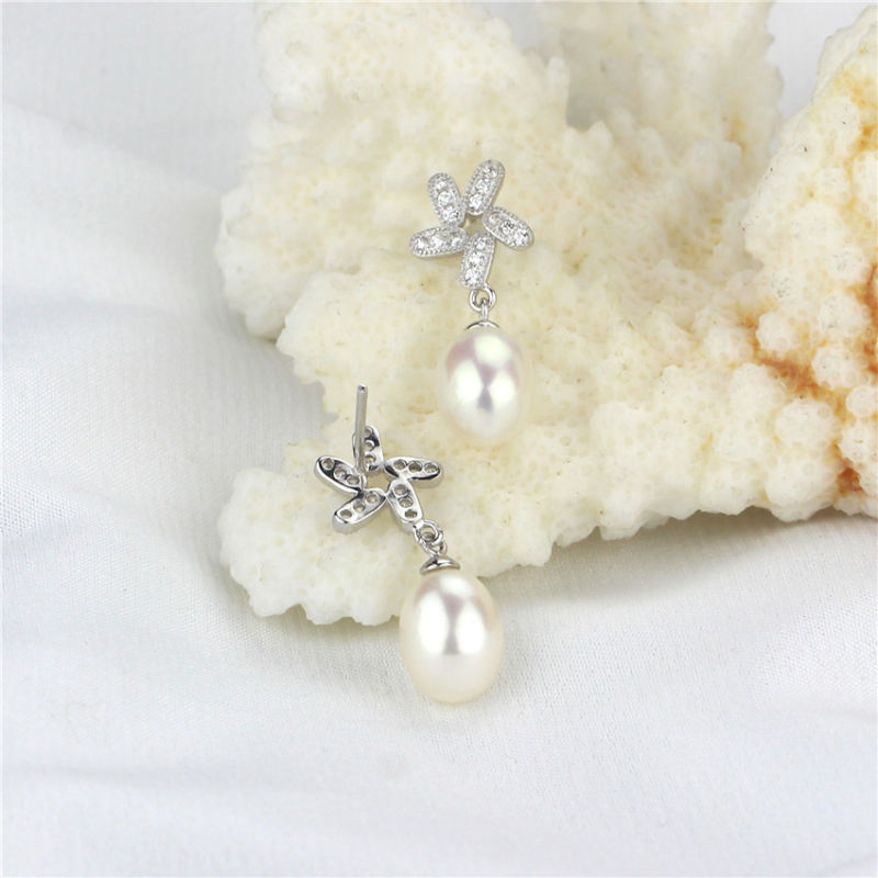 White Color Drop Shape 8-9mm AAA Pearl Earring Sterling Silver Freshwater White Pearl Earrings