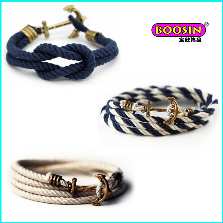 Fashion Hot Sell Custom Anchor Charm Cheap Colorful Rope Bracelet