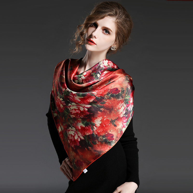 Silk Flower Printed Big Square Scarf Red