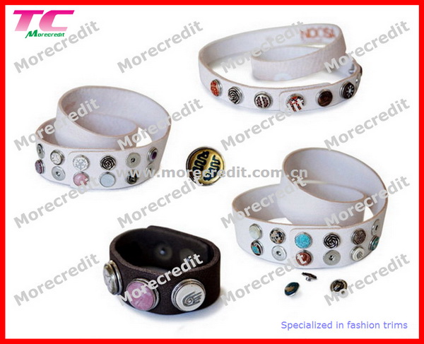 Leather Bracelet Metal Snap Button with Pearl Cap