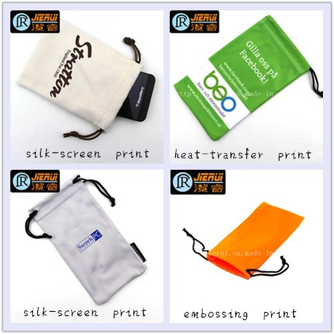 Promotion Microfiber Fabric Drawstring Bag with Pressed Gold Logo