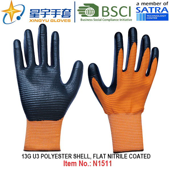 13G U3 Polyester Shell Nitrile Palm Coated Gloves (N1511) Smooth Finish with CE, En388, En420, Work Gloves