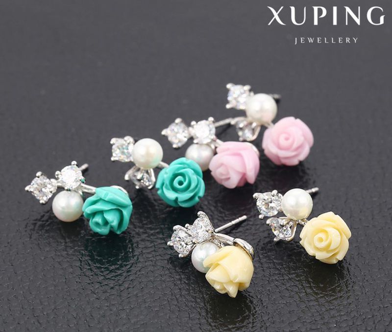 92025 Xuping Fashion Flower Rhodium CZ Diamond Imitation Jewelry Glass Earring with Pearl