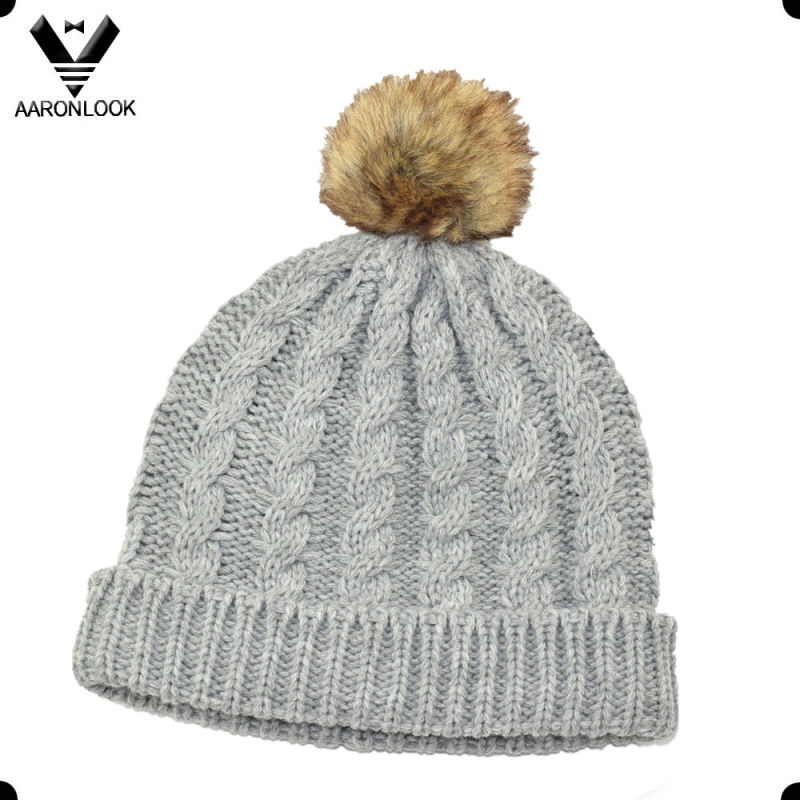 Lady's Fashion Acrylic Cable Knit Beanie Hat with Fur Ball