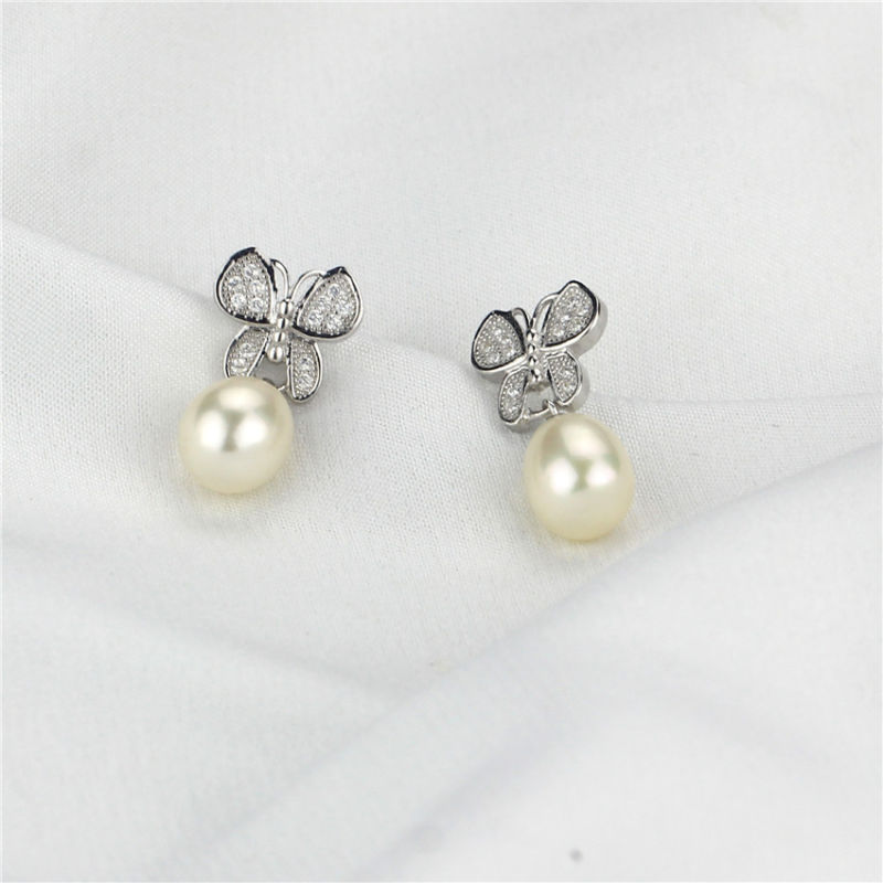 Freshwater 8-9mm AAA Serling Silver Earring White Drop 925 Silver Butterfly Pearl Earring