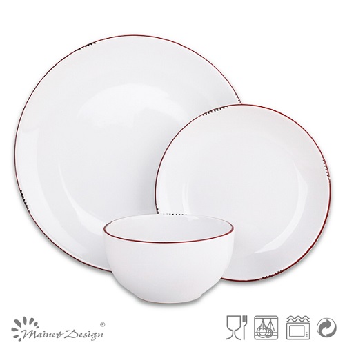 16PCS Dinnerware Set White Glaze with Red Rim Peel Design