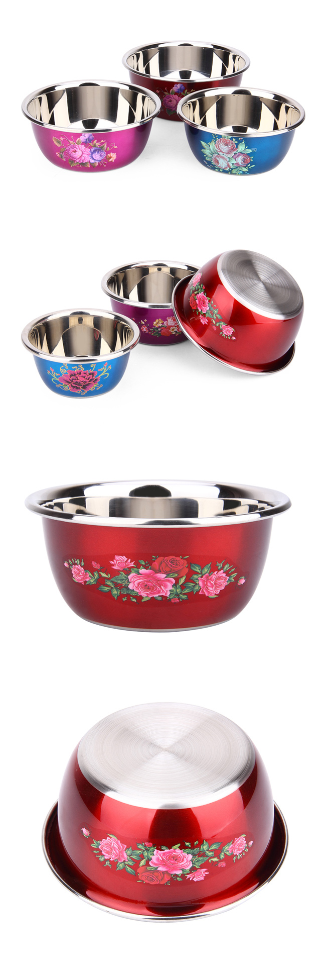 SGS Multi-Size Polychrome Stainless Steel Salad Bowl Mixing Bowl Set