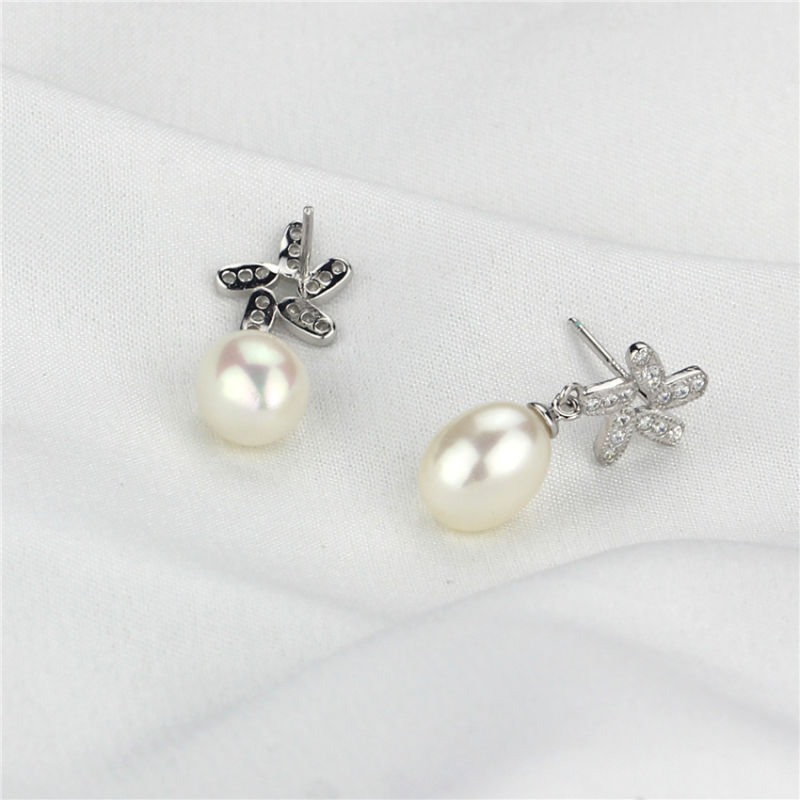 White Color Drop Shape 8-9mm AAA Pearl Earring Sterling Silver Freshwater White Pearl Earrings