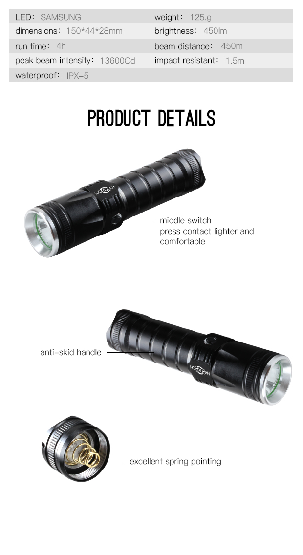 Rechargeable 450 Lumens Waterproof Tactical LED Torch (NK-2667)