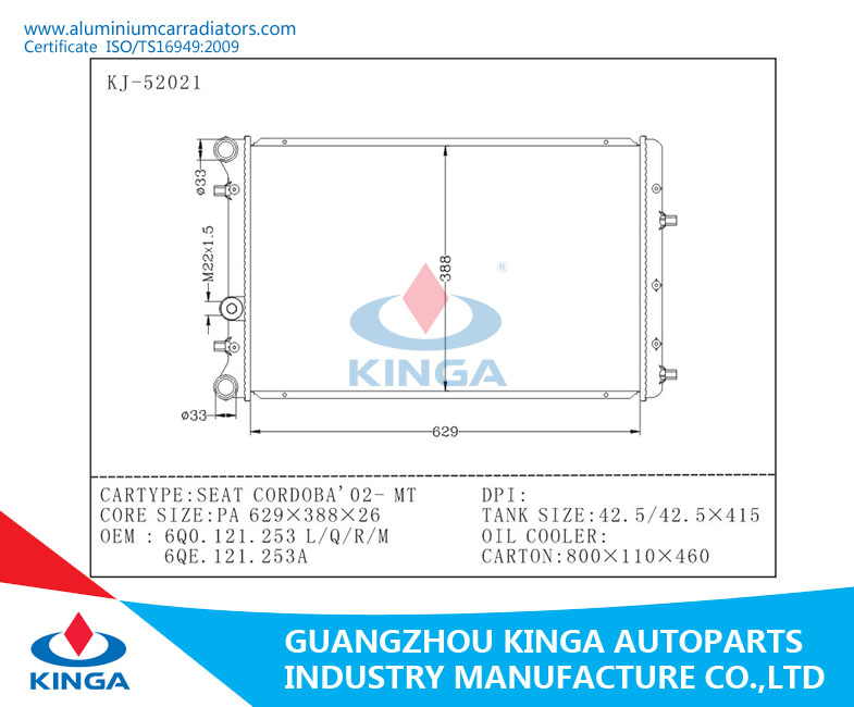 2016 New Style for Volkswagen Seat Cordoba 2002 Mt Radiator Assem with Tank 6qe. 121.253A