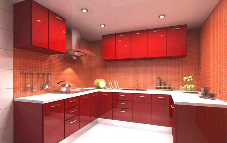 L Shape Red MDF Lacquer Kitchen Cabinet (pl-m-051)