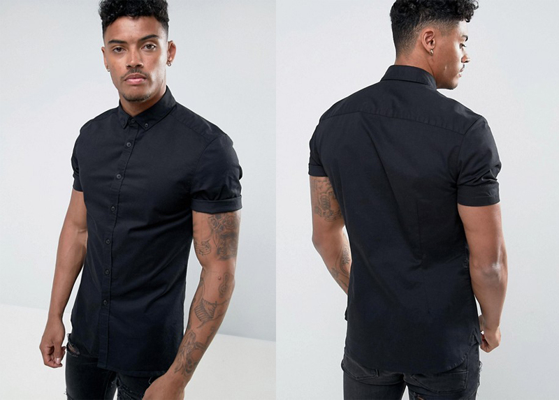 Slim Fit Poplin Shirt with Short Sleeves in Black