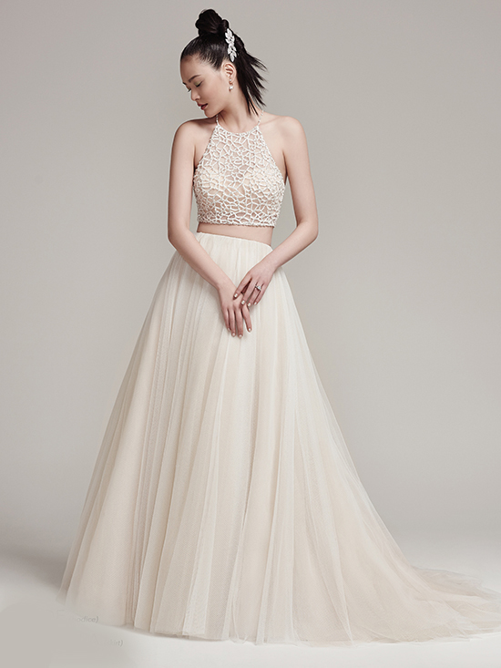 Full Tulle A-Line Zipper Closure Wedding Dress with Sophisticated Bead Encrusted