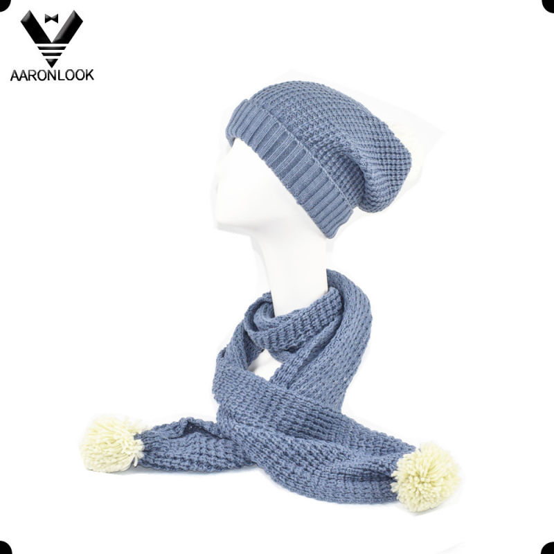 Winter Knitted Scarf and Hat with Pompom