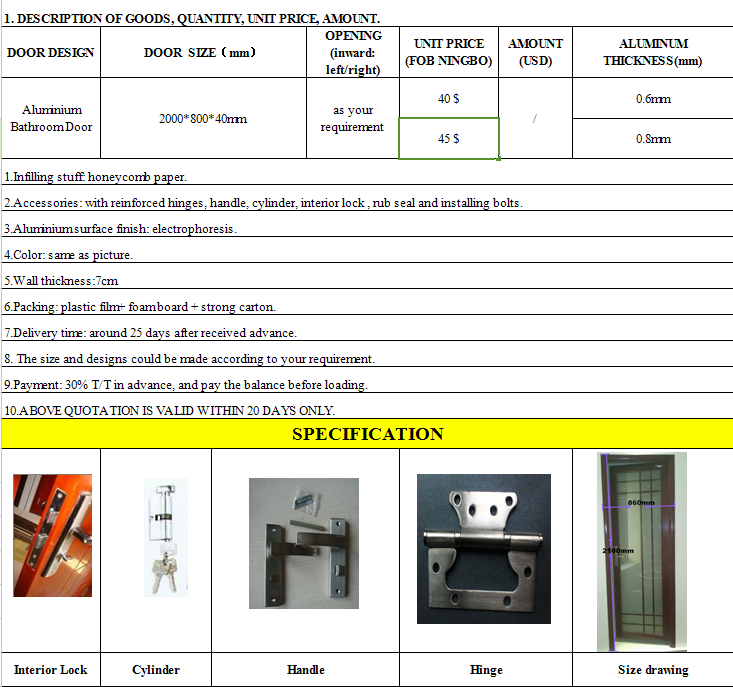 Economical Aluminum Bathroom Door (LTA-319)