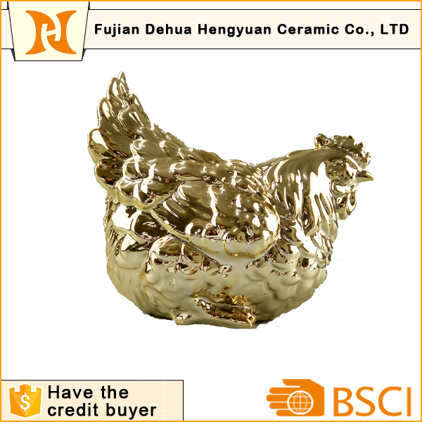 Plating Gold Ceramic Rooster Shape Coin Bank for Home Decoration