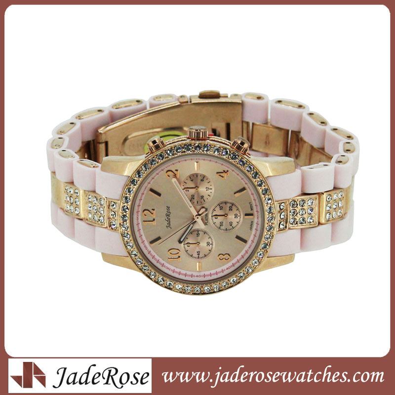 Exquisite Diamond Watches Wwomen's Alloy Watch with Silicone Strap