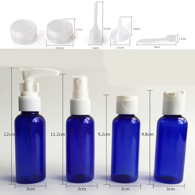 9 Piece Set Blue Plastic Travel Set, Pump Sprayer Bottle (PT04)