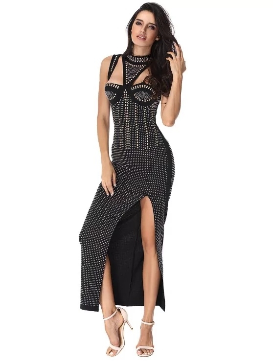 Beaded Embellished Cut out Slit Dress