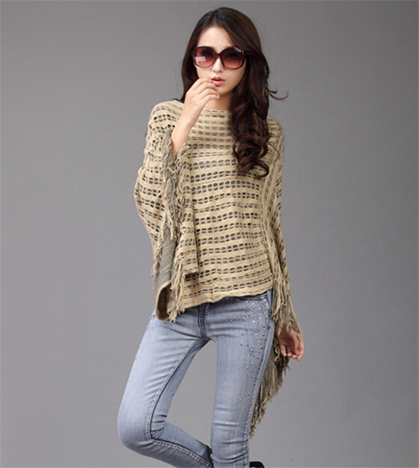 High Quality Tasseled Sweater 100% Acrylic Hollow out Pullover Knitted Women's Cape