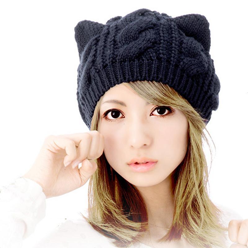 Women Girl Cute Cat Ear Cable Twist Knitted Meow Cap Beanie Winter Autumn Hats (HW103)