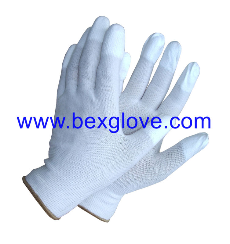 13 G Polyester Liner, White Color, Polyurethane Coated Fingertips Work Glove