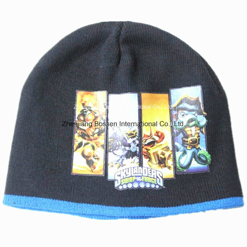 Custom Made Cartoon Printed Children Warm Winter Striped Acrylic Knitted Embroidered Beanie Cap