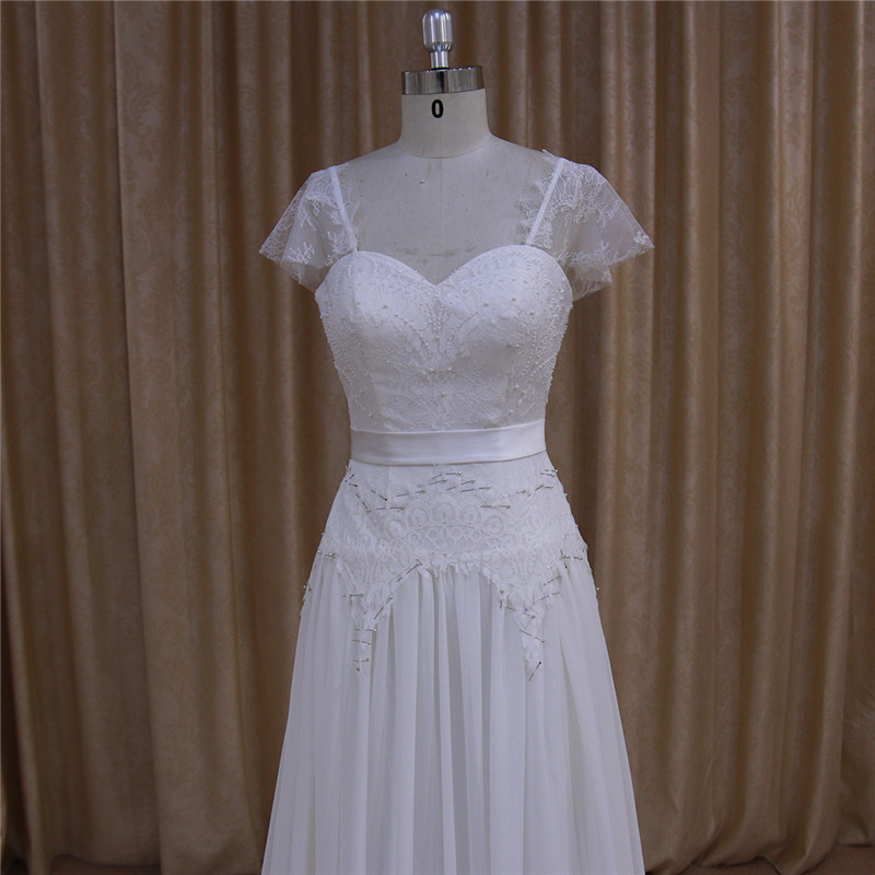 Backless Beaded Cap Sleeve Chiffon Wedding Dress