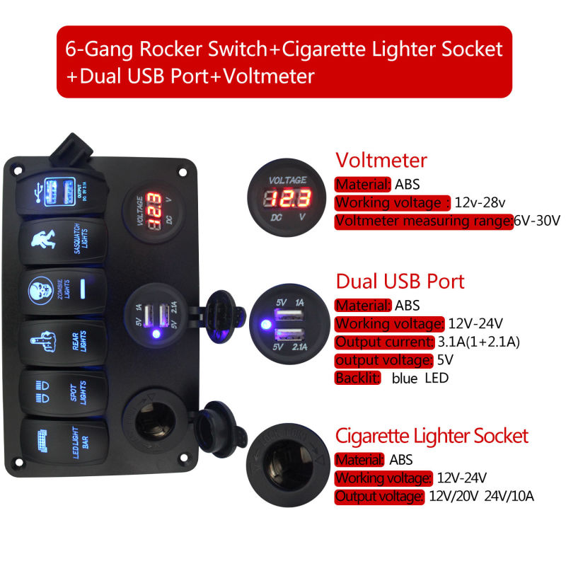 6 Gang 12V 24V Blue LED Rocker Switch Panel USB Charger Voltmeter Circuit Breakers Charger for Boat Marine