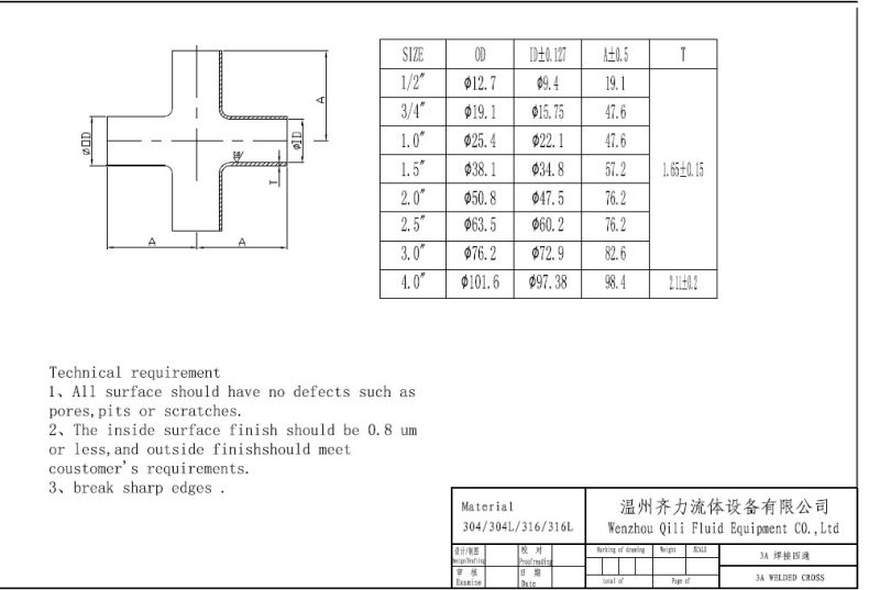 304/316L Food Grade Stainless Steel Sanitary Welded Cross