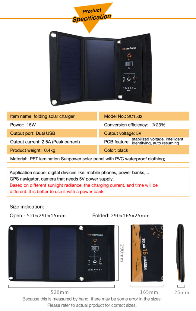 15W Universal Solar Panel Battery Charger for iPhone iPad Galaxy