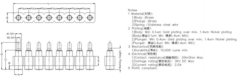 Custom Brass Spring Contact Pin with Fine Pitch, Plastic Housing