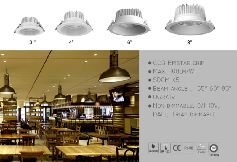 IP40 Dimmable Ugr<19 3/4/6/8 Inch COB Downlight LED Lamp of Die Cast Aluminium