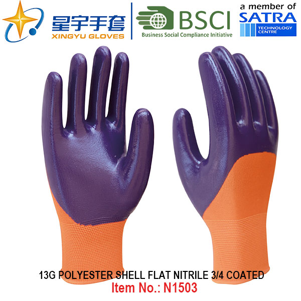 13G Polyester Shell Nitrile 3/4 Coated Gloves (N1503) Smooth Finish with CE, En388, En420, Work Gloves