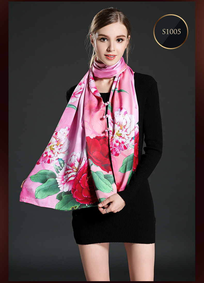 Pink Digital Printing Silk Scarf Shawl with Buttons