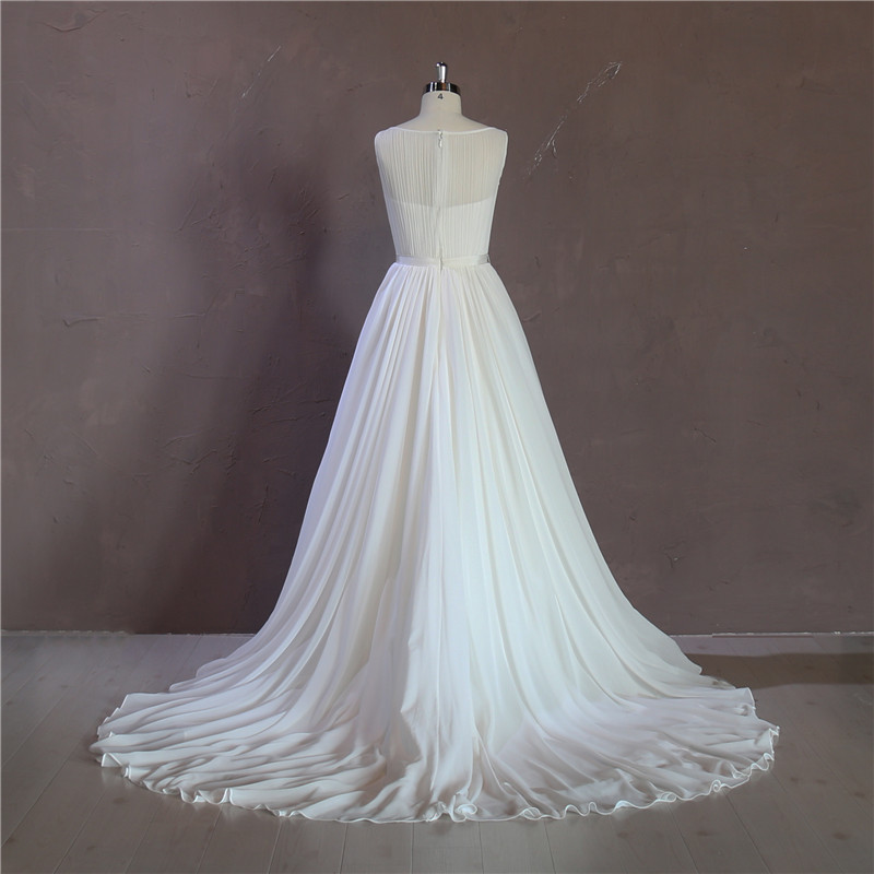 Round Neck with Beading Belt Long Train Chiffon Wedding Dress