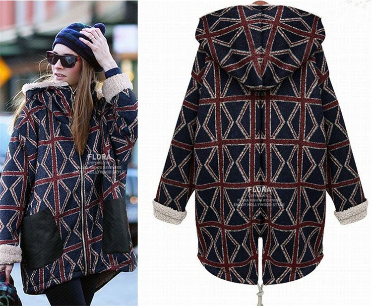 Plus Size Winter Overcoat Long Sleeve Loose Red Check Quilted Sweater with Suede Hoodies
