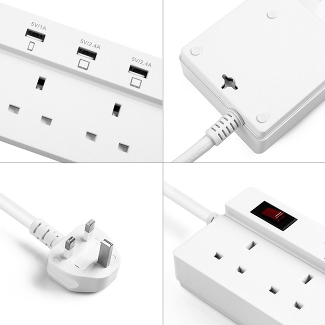 4 Ports Smart USB Power Strip Charger 4 UK AC Outlet Extension Socket Plug