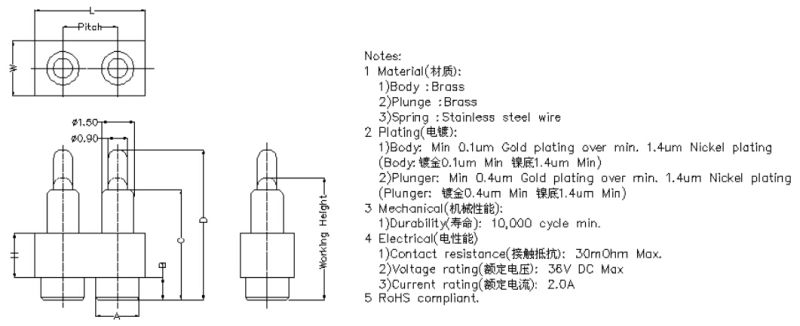 2p Flat Type Pogo Pin Connector with Housing