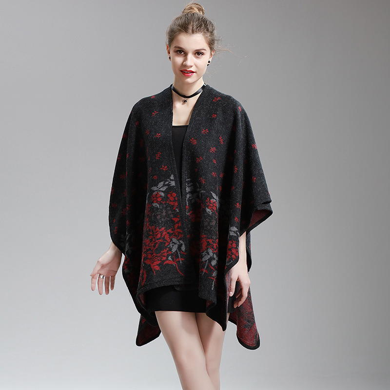 Womens Cashmere Feel Flower Printing Fancy Cape Stole Poncho Shawl (SP297)