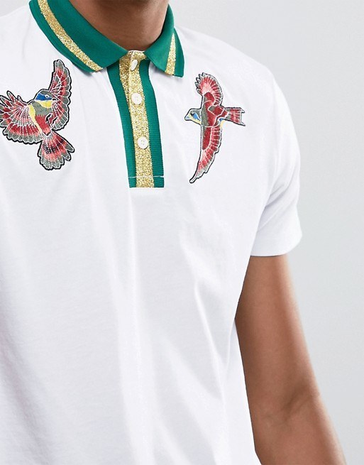 Embroidery Polo Shirt with Bird Embroidery and Metallic Tipped Collar