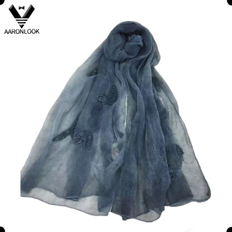 2016 Womens Fashion Wrinkled Butterfly Embroidery Silk Scarf