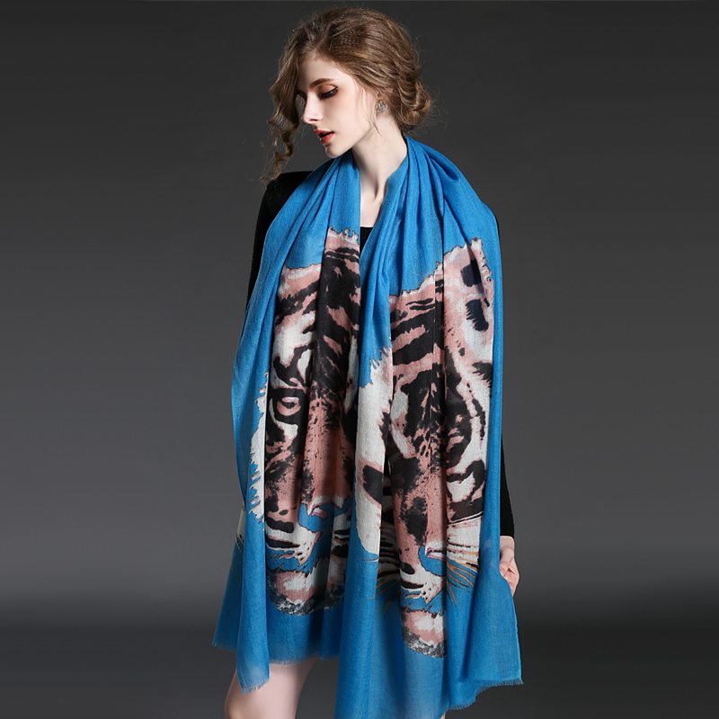 Girl's Long Wool Tiger Pattern Digital Printing Blue Scarf Shawl