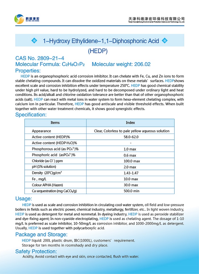 Water Treatment Chemicals, HEDP, 1-Hydroxy Ethylidene-1, 1-Diphosphonic Acid