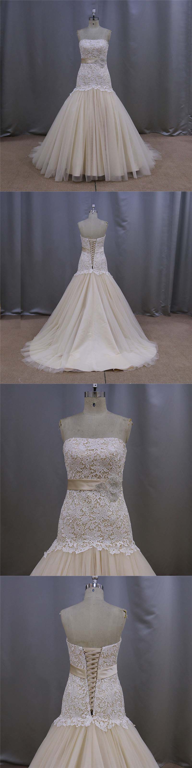 Exquisite Handmade Flower Champagne Wedding Dress Manufacturer