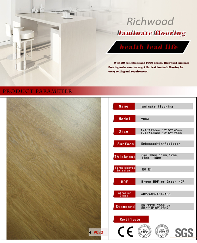 Vinyl 8.3mm E1 HDF AC3 Laminated Wooden Laminate Wood Flooring